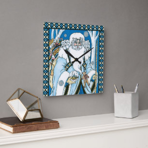 Relógio Quadrado Natal Antigo, Papai Noel Azul com Bola de Neve