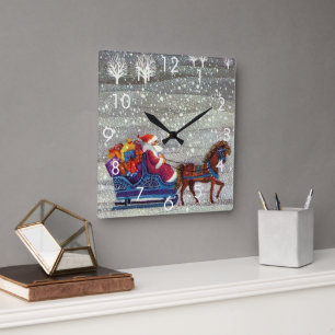 Relógio Quadrado Natal Antigo, Papai Noel Cavalo Trenó Aberto