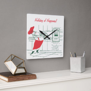 Relógio Quadrado Natal Antigo, Papai Noel Chef e Peru