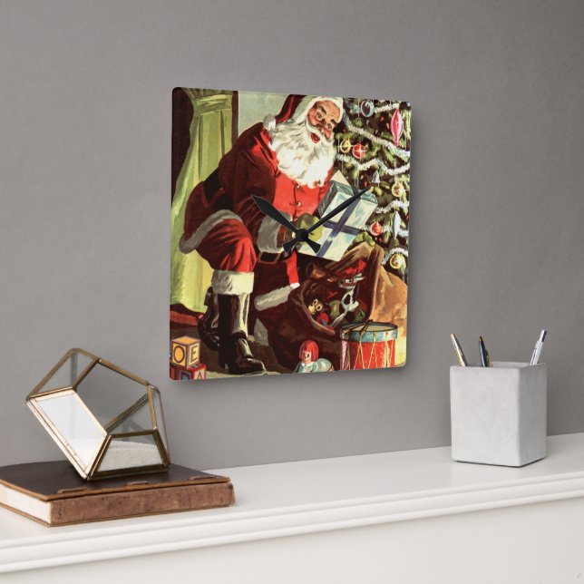 Relógio Quadrado Natal Antigo, Papai Noel Retrô com Presentes (Escritório)