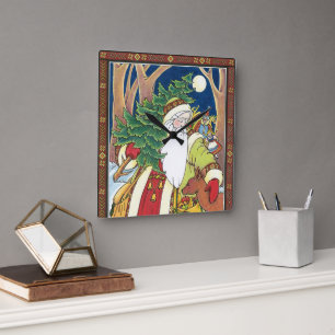 Relógio Quadrado Natal Antigo, Papai Noel Veado na Floresta