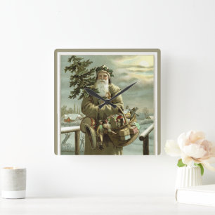 Relógio Quadrado Natal Antigo, Papai Noel Vitoriano com Brinquedos