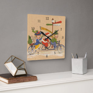 Relógio Quadrado Natal Antigo, Papai Noel Vitoriano de Bicicleta