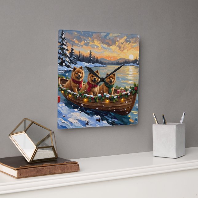 Relógio Quadrado Natal de barco de Chow Chow (Escritório)