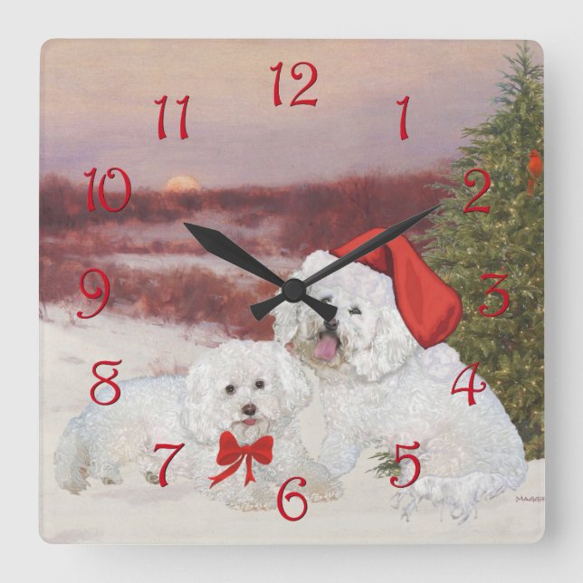 Relógio Quadrado Natal de Bichon Frise (Frente)