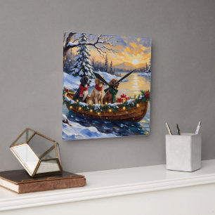 Relógio Quadrado Natal do Barco do Setter Inglês Feriado