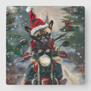 Relógio Quadrado Natal do Buldogue Francês Andando Motocicleta
