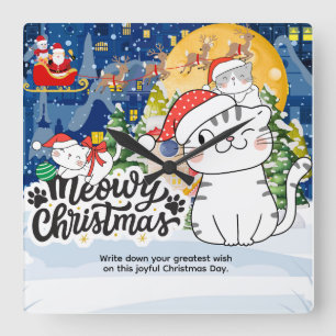 Relógio Quadrado Natal Feliz Meowy