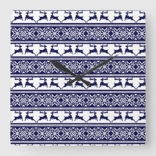 Relógio Quadrado Natal, Folha Escandinava Azul e Branco