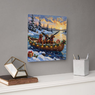 Relógio Quadrado Natal Irlandês Setter Vermelho Barco Festa