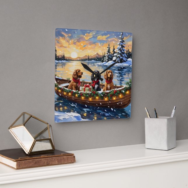 Relógio Quadrado Natal no barco com Cocker Spaniel (Escritório)