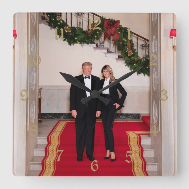 Relógio Quadrado Natal: Presidente Donald Trump e Melania (Frente)