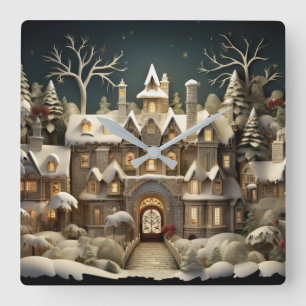 Relógio Quadrado Natal Snowy Manor Storybook Wonderland
