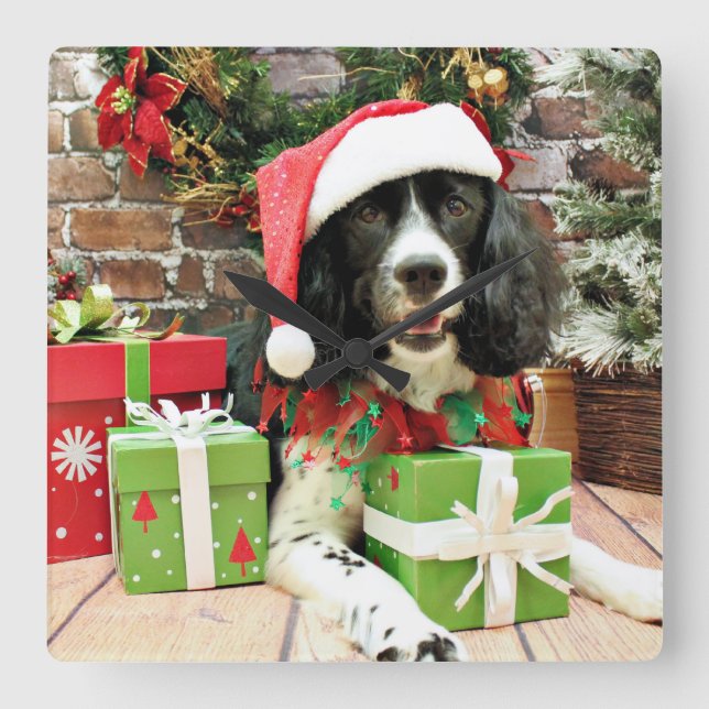 Relógio Quadrado Natal - Spaniel de Springer inglês - Lucy (Frente)
