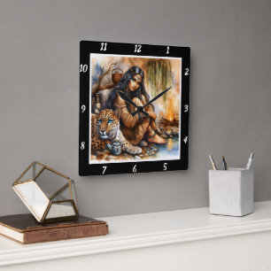 Relógio Quadrado Native Lore: Reflexão da Lua dos Olhos de Tigre