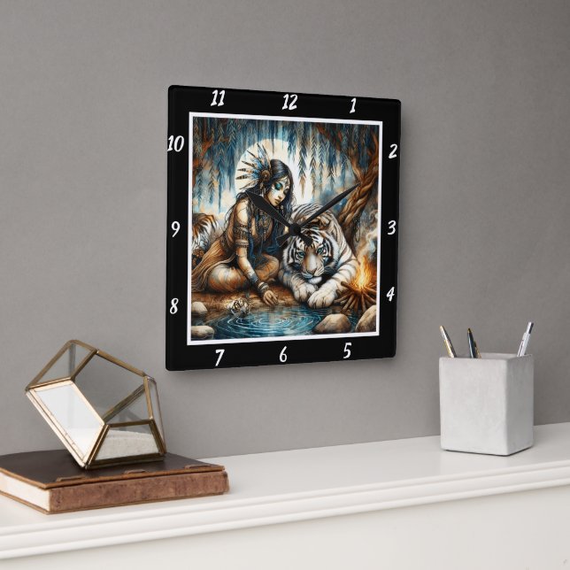 Relógio Quadrado Native Slumber: O Abraço do Resto de Tigre (Escritório)