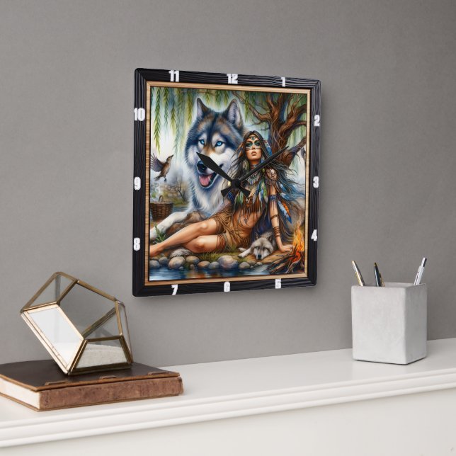 Relógio Quadrado Native Twilight Tale: "Cuidado Calmo" (Escritório)