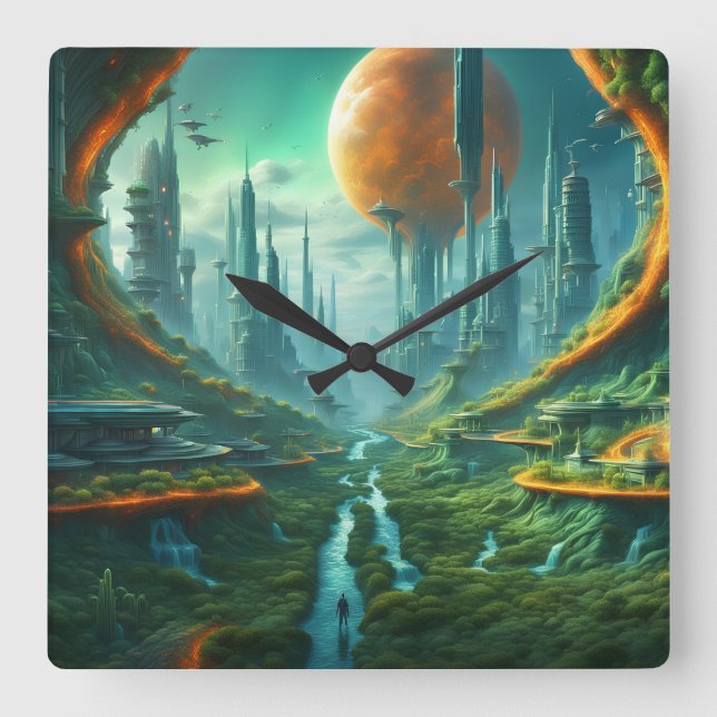 Relógio Quadrado Natureza da alienígena e Arte Científica Surreal d (Frente)