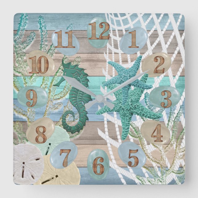 Relógio Quadrado Náutica de madeira de praia azul (Frente)