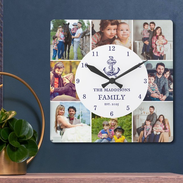 Relógio Quadrado Nautical Anchor Navy Blue Family 8 Photo Collage (Criador carregado)