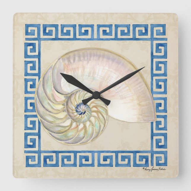 Relógio Quadrado Nautilus Shell Watercolor Grego Key Damask Beach (Frente)