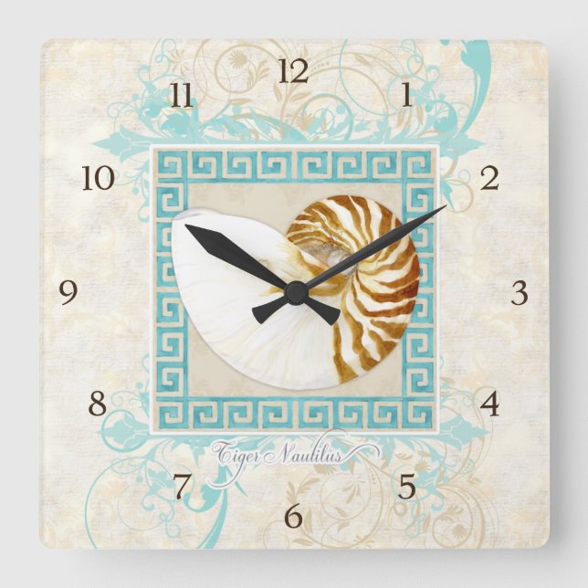 Relógio Quadrado Nautilus Shell Watercolor Grego Key Damask Beach (Frente)