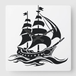 Relógio Quadrado Navio à Vela Sombra – Ilustração Oceânica Vintage