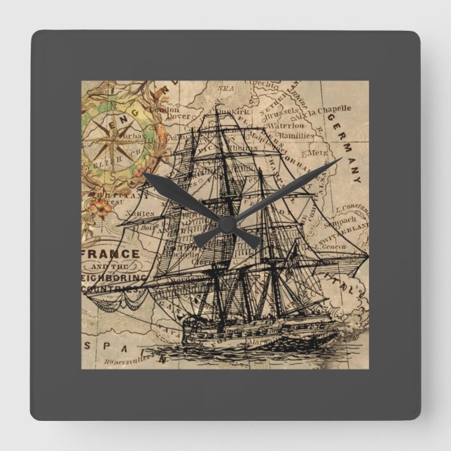 Relógio Quadrado Navio Antigo e Mapa (Frente)