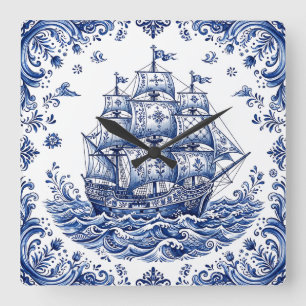 Relógio Quadrado Navio Mercante Estilo Delft Azul e Branco