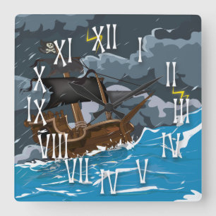Relógio Quadrado Navio Pirata na Tempestade