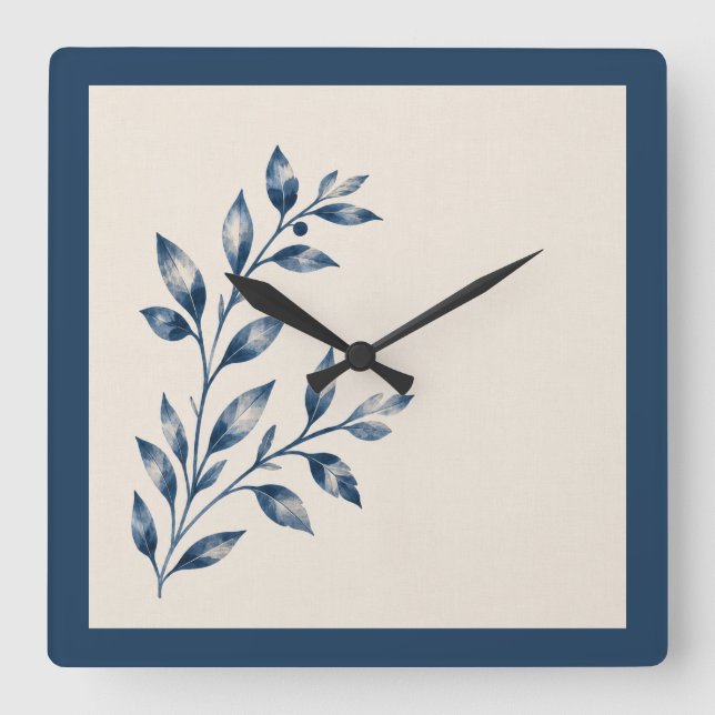 Relógio Quadrado Navy Blue Foliage Minimalist Square Clock (Frente)