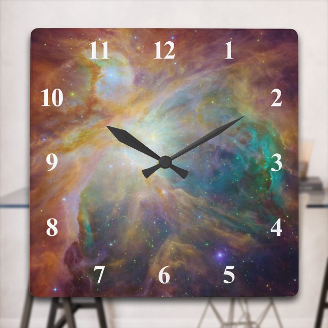 Relógio Quadrado Nebulosa de Órion com Números Brancos (Orion Nebula with White Numbers Square Wall Clock)