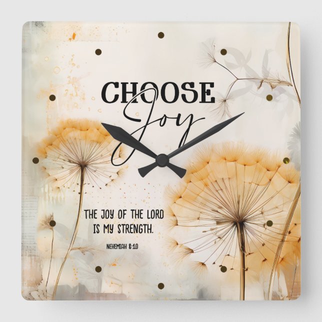 Relógio Quadrado Nehemiah 8:10 Alegria do Senhor Bíblia Dandelion (Frente)