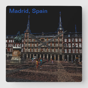 Relógio Quadrado Neon Art de uma praça em Madrid, Espanha