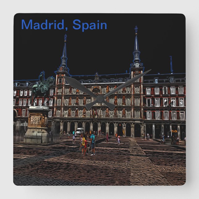 Relógio Quadrado Neon Art de uma praça em Madrid, Espanha (Frente)