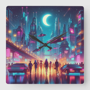 Relógio Quadrado Neon Cityscape