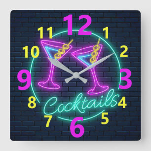 Relógio Quadrado Neon Cocktails - Sinal quadrado de parede ao quadr