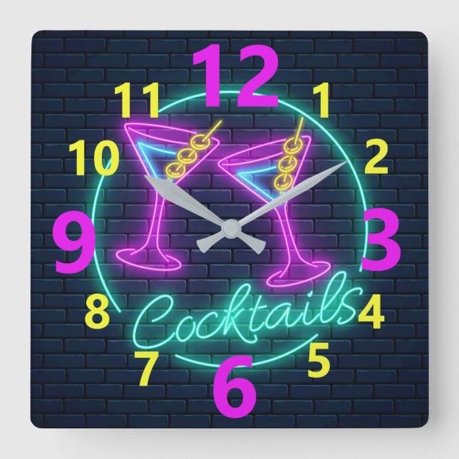 Relógio Quadrado Neon Cocktails - Sinal quadrado de parede ao quadr (Frente)
