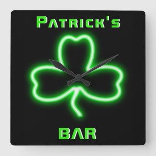 Relógio Quadrado Neon Irish Pub Sign Clock Shamrock Beer Nomeado