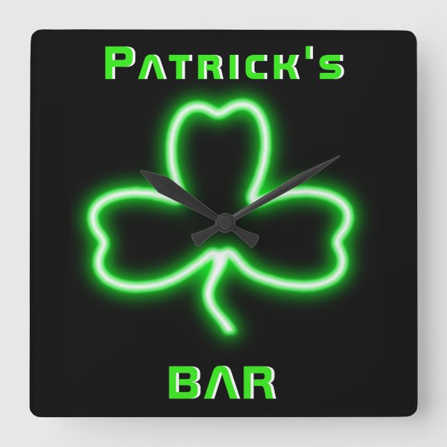 Relógio Quadrado Neon Irish Pub Sign Clock Shamrock Beer Nomeado (Frente)