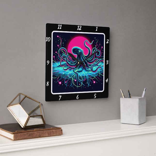 Relógio Quadrado Neon Kraken Octopus Abyss (Escritório)