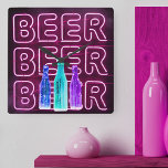 Relógio Quadrado Neon LED Beer Sign<br><div class="desc">Square wall clock printed with neon look bar sign. The design has colored beer bottles and is lettered with the word BEER in LED strip lighting.</div>