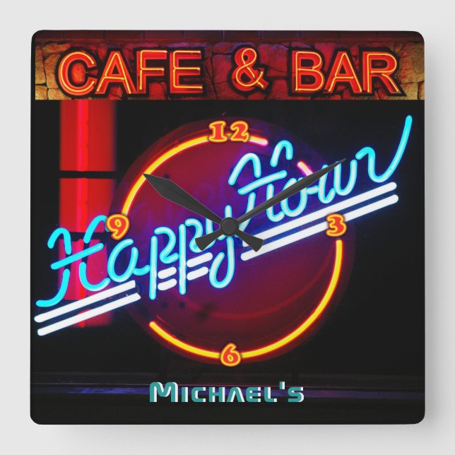 Relógio Quadrado Neon Light BAR CAFE Personalizado SGN ManCave (Frente)