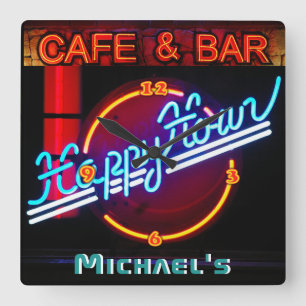 Relógio Quadrado Neon Light BAR CAFE Personalizado SGN ManCave