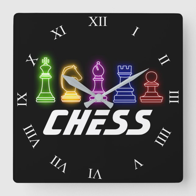 Relógio Quadrado Neon Lights Chess Pieds Chess King (Frente)