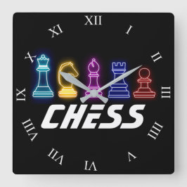 Relógio Quadrado Neon Lights Chess Pieds Chess Queen