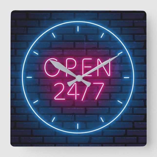 Relógio Quadrado Neon Open Sign Square Wall Clock (Frente)