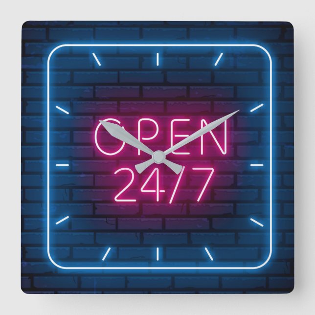 Relógio Quadrado Neon Open Sign Square Wall Clock (Frente)