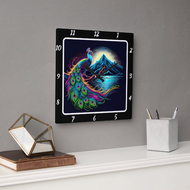 Relógio Quadrado Neon Peacock Radiante (Escritório)
