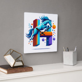 Relógio Quadrado Neon Power Horse Jump Over H Letter